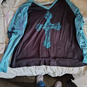 Black and Blue Long Sleeve Top with Cross Design